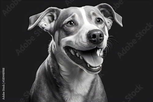 Black and white image of a smiling dog on a dark background. Generative AI content. © STEP