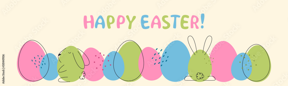 Happy Easter banner. Modern design with typography, eggs and Easter bunnies.