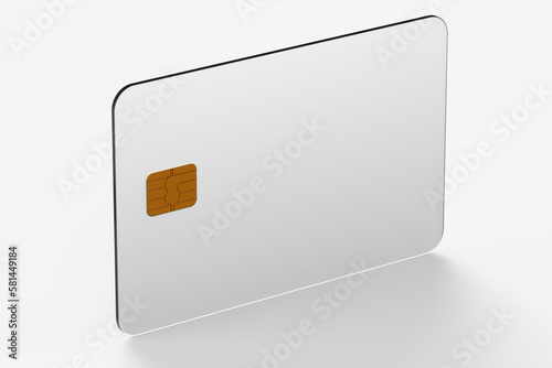 Close-up of one transparent glass credit card on a white background. 3d rendering illustration.