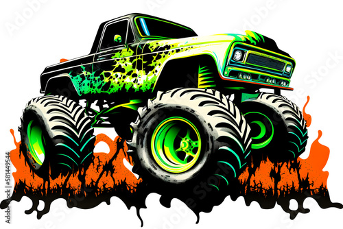 Monster truck sticker with multicolored paint splash. Neural network AI generated art