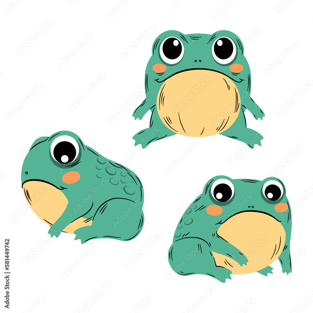 Zabawna żaba w trzech wersjach. Zielona ropucha. Kolorowy komiksowy zwierzak. Ilustracja wektorowa. - obrazy, fototapety, plakaty 