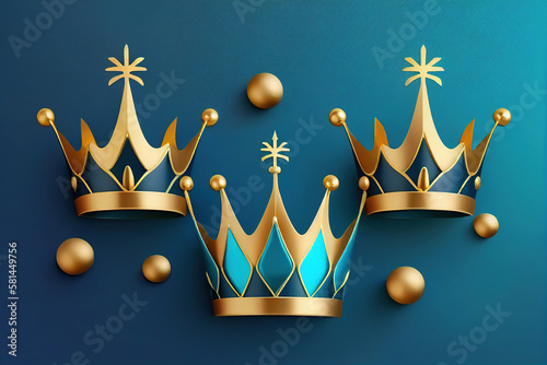 Fototapet Happy epiphany day, greeting card with three gold crowns on blue background
