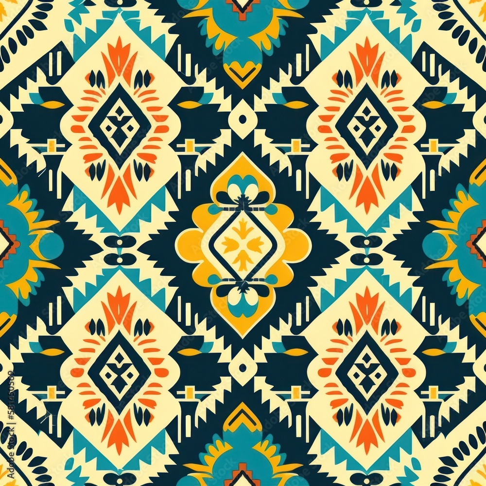 Colorful Indian pattern, seamless texture, ethnic design, traditional fabric, handmade motif, ornamental art, vintage print, floral background, seamless textile, geometric culture, GENERATIVE AI