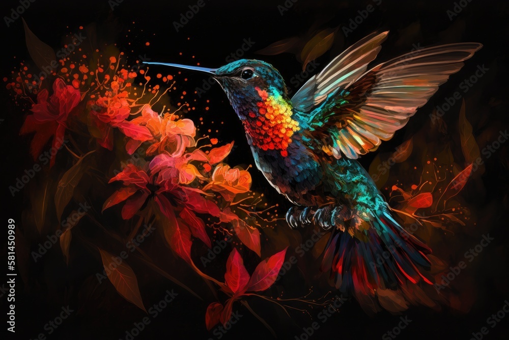 Obraz premium The shiny colored, fiery throated hummingbird Panterpe insignis is in flight. Bird consumes liquid from crocosmia. Tropical woodland flight action scene with wildlife. Costa Rican mountain colorful an