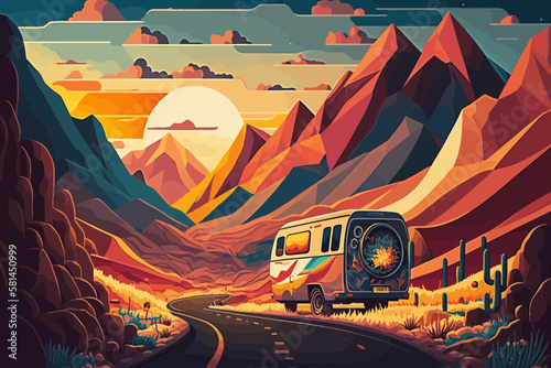 Summer concept. Nice van on the way to summer holidays through the beautiful valley. Vector art. Generative AI technology.