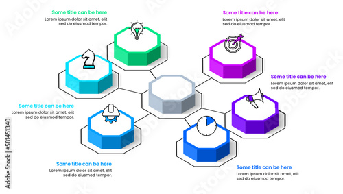 Infographic template. 6 isometric octagons with icons