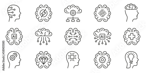 Human Brain AI Concept Black Line Icon Set. Human Mind, Brainstorm, Artificial Intelligence, Stress Symbol Collection on White Background. Editable Stroke. Isolated Vector Illustration