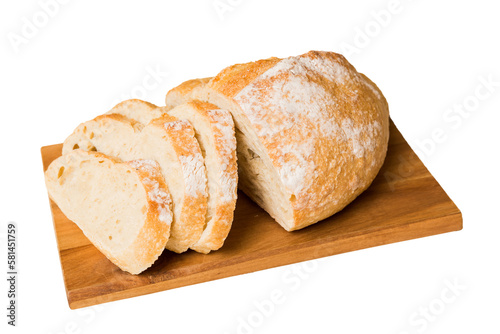 Assortment of freshly sliced baked bread with napkin isolated on white background. Healthy unleavened bread. French bread slice