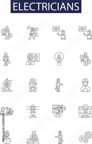 Electricians line vector icons and signs. Electrician, Electric, Wiring, Power, Electrical, Panel, Cable, Lighting outline vector illustration set