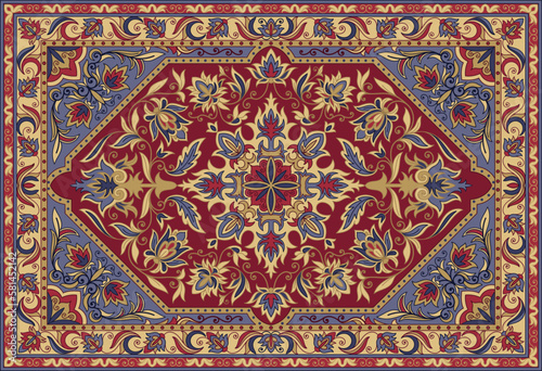 Traditional persian carpet. Beautiful tribal home decoration. Floor covering with oriental ornament and texture. Turkish or Arabic rug. Design element for print. Cartoon flat vector illustration