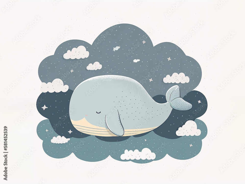 illustration of whale sleeping among clouds, generated IA