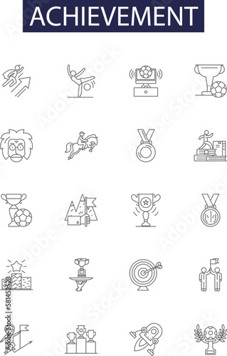 Achievement line vector icons and signs. success, fulfill, vanquish, surmount, master, conquer, triumph, gain outline vector illustration set
