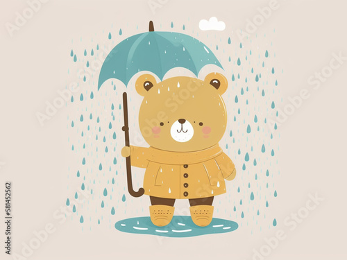 illustration of bear in the rain, with umbrella and mackintosh, generated IA