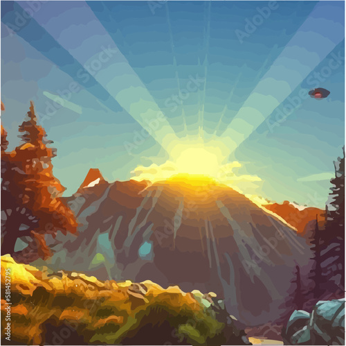 cold sunrise mountain view illustration