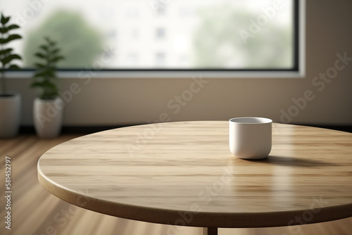 Empty wood table top with blur room interior with window background. Created with Generative AI Technology