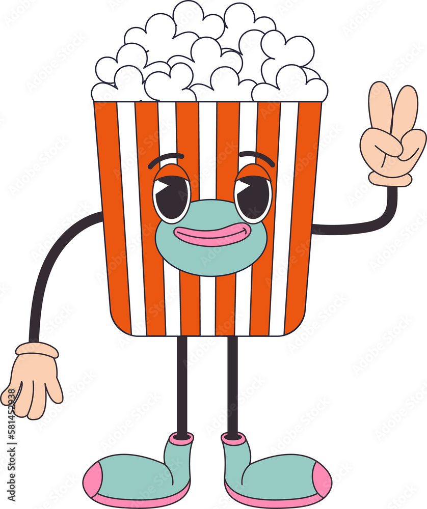 Cartoon Character Retro Popcorn Food 70s Street Food In Trendy Groovy