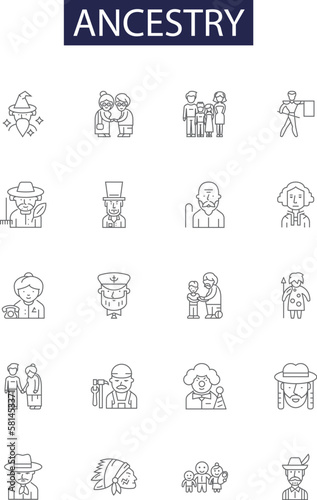 Ancestry line vector icons and signs. Descent, Origins, Heritage, Ancestors, Progenitors, Pedigree, Posterity, Dynasty outline vector illustration set