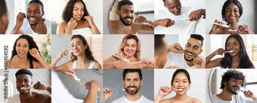 Happy young international men and women brushing teeth with toothbrush and floss, enjoy daily routines