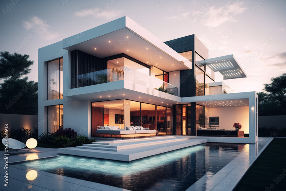 Fototapeta premium Modern architecture design house building exterior, author's design design of modern creative housing, with large spacious windows, a balcony and a pool, sunset, generated ai