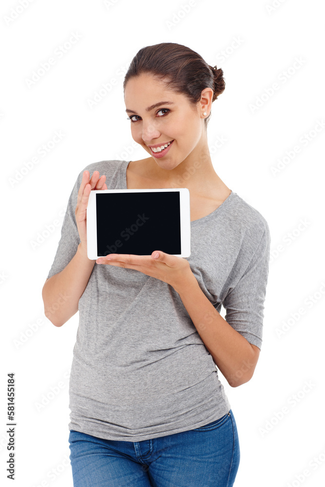 Her best friend when it come to books. Studio shot of an attractive young woman holding up a digital tablet.