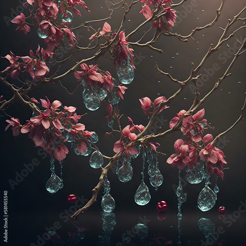 Realistyczna Ilustracja kwiatów wiśni z kropelkami deszczu, SI