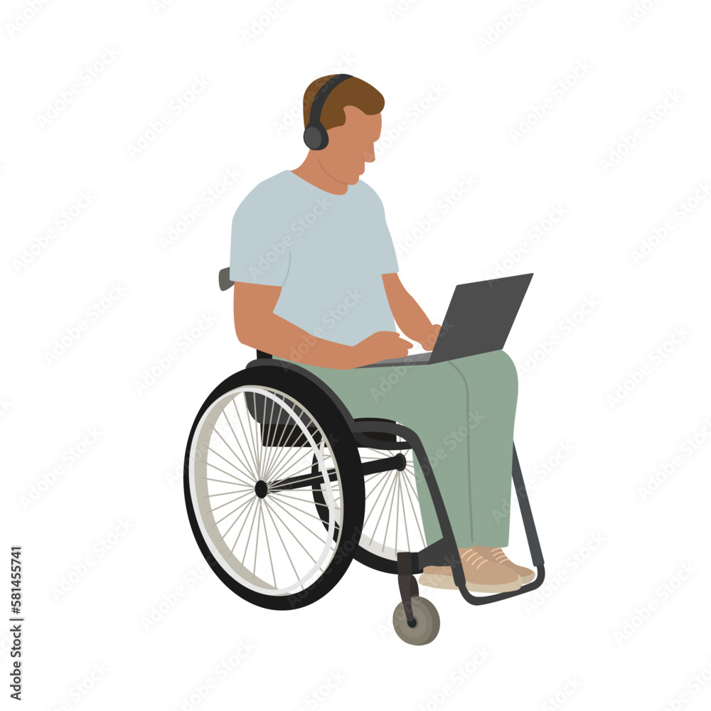 Person in wheelchair with laptop. A man with disabilities. Inclusion vector illustration. Person in wheelchair with laptop. A man with disabilities. Inclusion vector illustration.