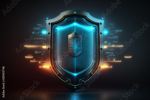 Safety shield technology on data connections futuristic background, protection security shield technology, concept cyber security for web tech, generated ai
