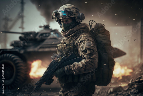 A soldier in an outfit with special equipment and weapons on the background of burning military equipment, generated ai