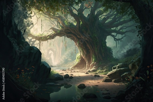 Fantastic Fantasy Forest Fictional Setting concept painting Illustration that is realistic. Digital CG art from video games. scenery in nature. Generative AI