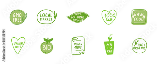 Non GMO labels. GMO free icons. Eco, vegan, bio hand drawn tag. Organic cosmetic. Healthy food concept. Beauty product package. Sustainable life. Vector illustration