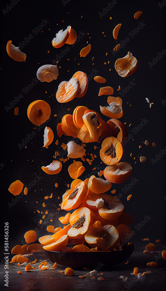 Group of Yellow Dry Apricots Fruit Creatively Falling-Dripping Flying or Splashing on Black Background AI Generative