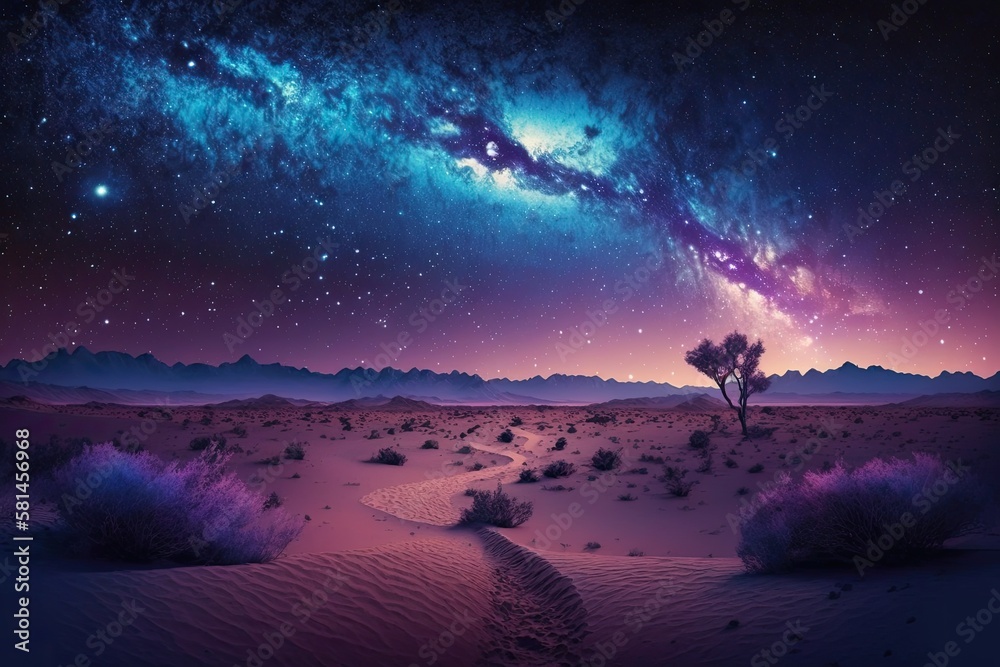 A landscape with a blue to purple gradient the Milky Way galaxy Starry night sky. Generative AI