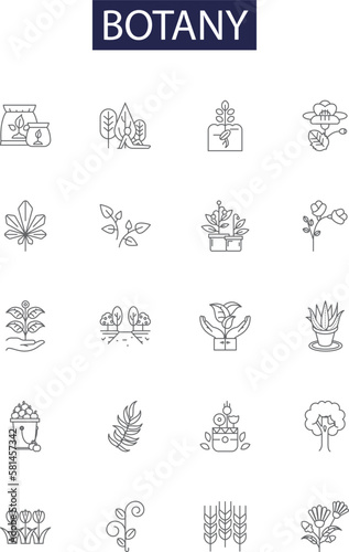 Botany line vector icons and signs. Photosynthesis, Reproduction, Taxonomy, Genetics, Ecological, Cultivation, Bryophytes, Mycology outline vector illustration set