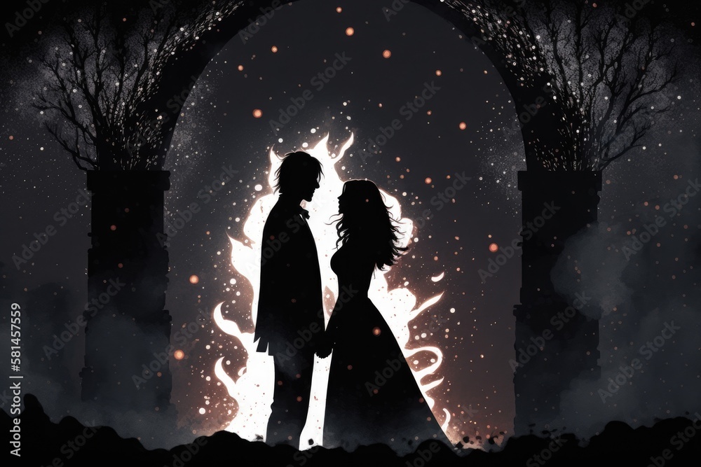Young bride and groom stand close to the wedding arch at night, their silhouettes illuminated by lights, smoke, and fireworks. Generative AI