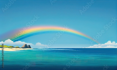 illustration of Beautiful Classic Rainbow Across In sea After The Rain, Rainbow Is A Natural Phenomenon That Occurs After Rain. Generative Ai.
