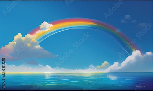 illustration of Beautiful Classic Rainbow Across In sea After The Rain, Rainbow Is A Natural Phenomenon That Occurs After Rain. Generative Ai.
