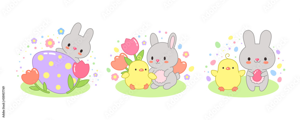 Cute rabbit and chick cartoon bunny kawaii vector. Spring Easter greeting. Adorable little friends bunny and chick with Easter egg and cute tulips. Children illustration japanese korean anime style.