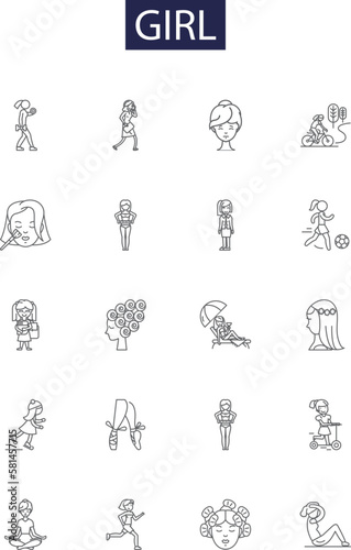 Girl line vector icons and signs. Female, Woman, Young, Daughter, Womanhood, Feminine, Maiden, Lass outline vector illustration set
