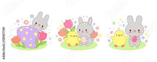 Cute rabbit and chick cartoon bunny kawaii vector. Spring Easter greeting. Adorable little friends bunny and chick with Easter egg and cute tulips. Children illustration japanese korean anime style.