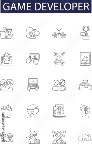 Game developer line vector icons and signs. Developer, Programmer, Coder, Designer, Animator, Artist, Writer, Concept outline vector illustration set
