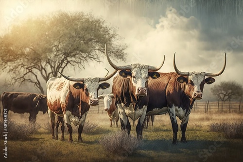 Longhorn cattle graze in a Texas pasture, AI generated