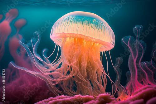 Beautiful jellyfish shining in the ocean. Generative AI