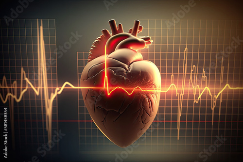 Human heart with cardiogram for medical heart health care, generative AI