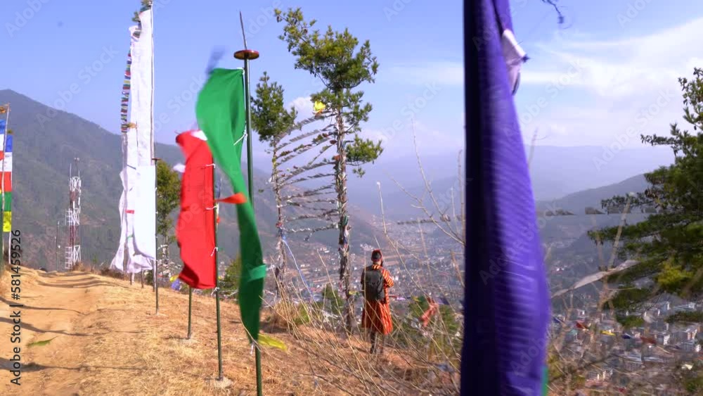 The viewpoint with colorful flags in Thimphu, Bhutan