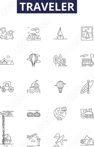 Traveler line vector icons and signs. Tourist, Pilgrim, Wanderer, Vagabond, Explorer, Trekker, Excursionist, Tripper outline vector illustration set