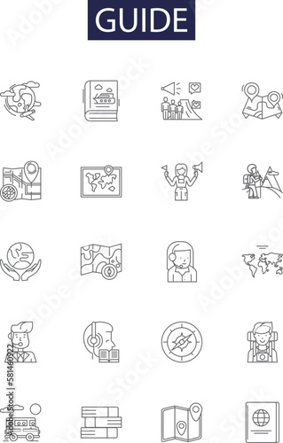 Guide line vector icons and signs. Lead, Direct, Counsel, Show, Illuminate, Monitor, Supervise, Mentor outline vector illustration set