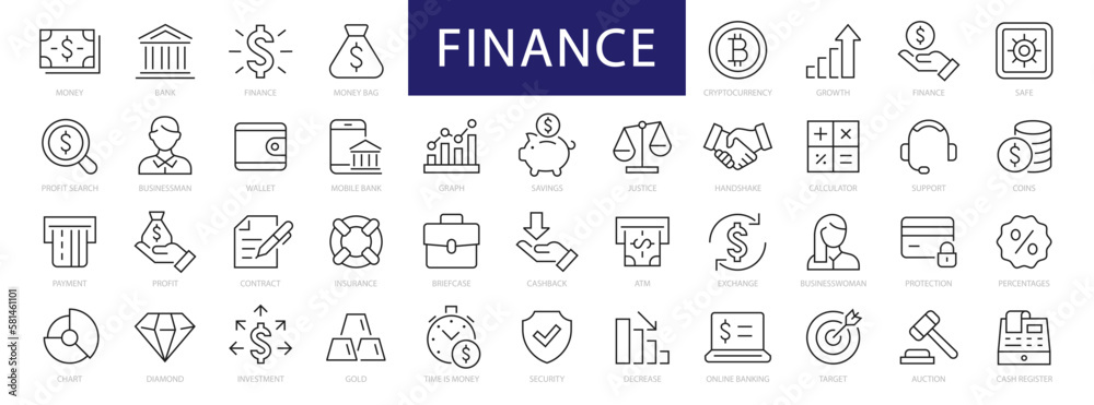 Finance & Money thin line icons set. Finance editable stroke icons. Money, Payment, Business, Exchange, Profit, Investment, Card, Bank symbols. Vector - obrazy, fototapety, plakaty 