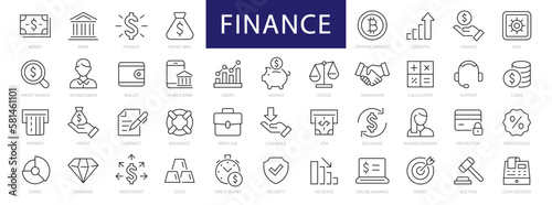 Finance & Money thin line icons set. Finance editable stroke icons. Money, Payment, Business, Exchange, Profit, Investment, Card, Bank symbols. Vector