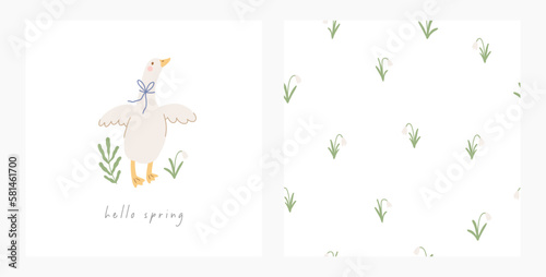 Cute goose on farm - vector print. Vector illustration in flat style