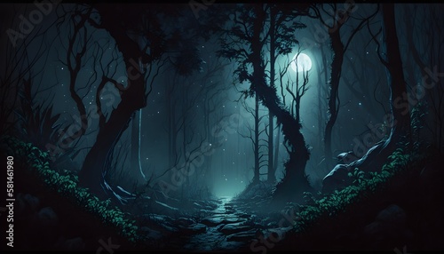 dark and mysterious forest, by moonlight